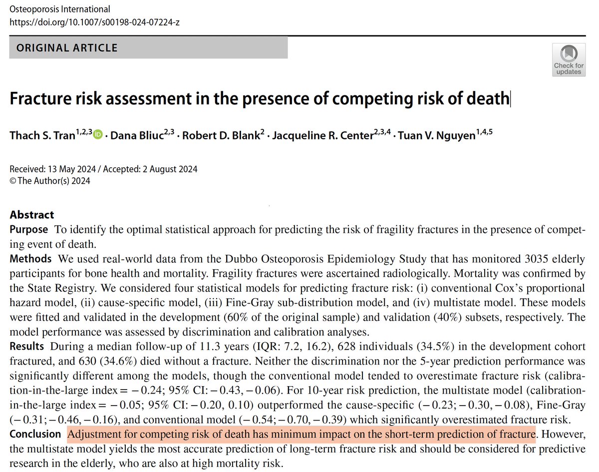 In older adults, the risk of death is often higher than the risk of fracture. But does accounting for the competing risk of death impact fracture risk assessment? Our findings indicate it does not—at least in the short term. 

link.springer.com/article/10.100…