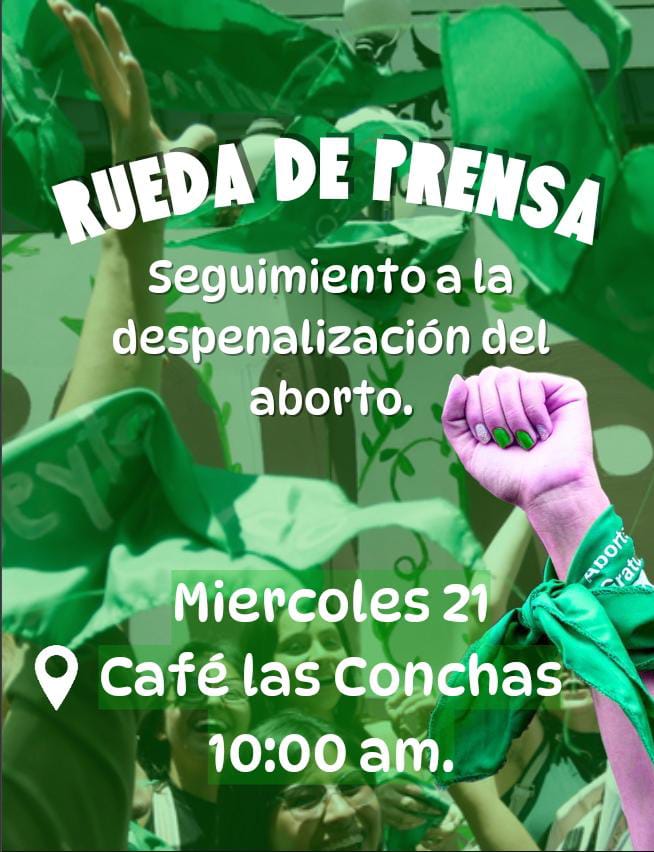 📢 Rueda de prensa 

Seguimiento a la despenalización del aborto en #Puebla 💚🔥

📆 Miércoles  21 de agosto
🕙 10:00
📍Café "Las Conchas", avenida 9 ote. #210, Centro.

#AbortoLegalPuebla