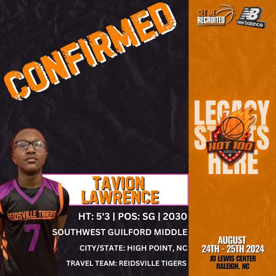 Tavion Lawrence (NC) is confirmed for the Hot 100 Boys Middle School Showcase happening August 24-25th, 2024 in Raleigh, NC!!!
#GMRHoops #Hot100 #GetMeRecruited