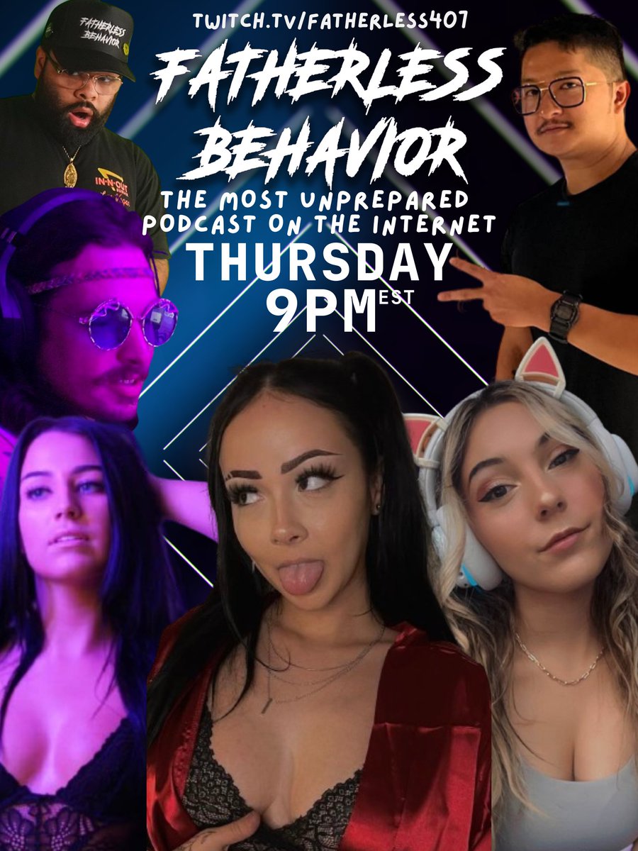This Thursday
9 pm Est 
Watch Fatherless Behavior Live!! 
Featuring these Creators!! 
<a href="/TTVChristianMai/">Christian Mai</a> 
@FlackDaddyttv 
<a href="/TTVGrimmy/">Grimmy</a> 
 <a href="/Kittykat23JB/">Justine Bijou</a> 
<a href="/thelarissanadia/">Larissa Nadia</a> 
See you There!!!