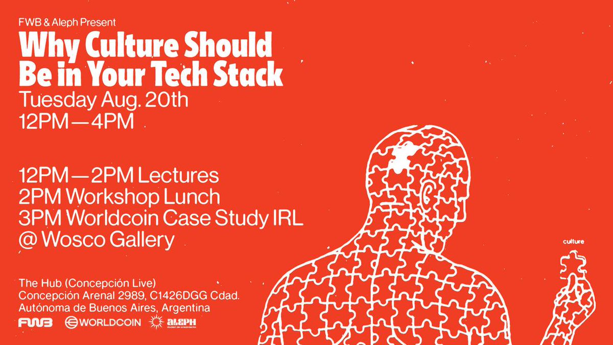 Join the CEO and COO of <a href="/FWBtweets/">Friends With Benefits</a> tomorrow, August 20th, for an afternoon dive into "Why Culture Should Be in Your Tech Stack."

📍 Wosco Art Gallery (Ángel Carranza 2003, CABA)
⏰ 3 PM

Don't miss it!