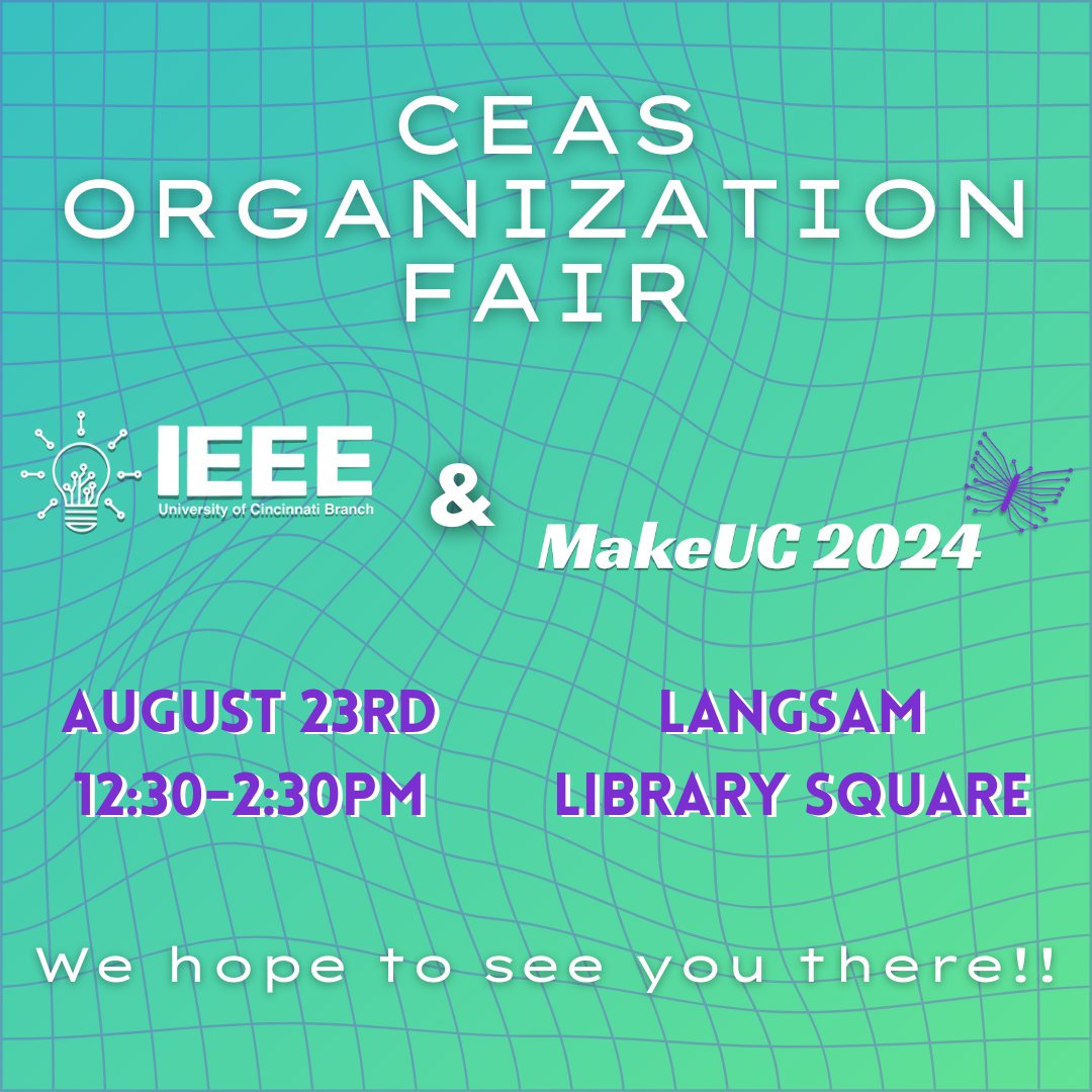 UC_IEEE's tweet photo. Come join us at the CEAS Organization Fair!! Come meet our exec board, ask some questions about UC IEEE and MakeUC, and more!! :)

#studentorganization #fair #ucceas #hackathon #ieeestudentbranch https://t.co/dnnRm874w3
