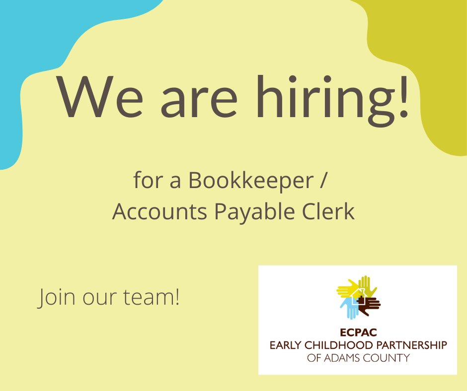We are hiring for a Bookkeeper / Accounts Payable Clerk at 20 -30 hrs per week (30 hrs a week comes with health benefits).

Apply today!

Go to ecpac.org and scroll down to "Jobs in Early Childhood."  2nd posting.

#accountingjobs