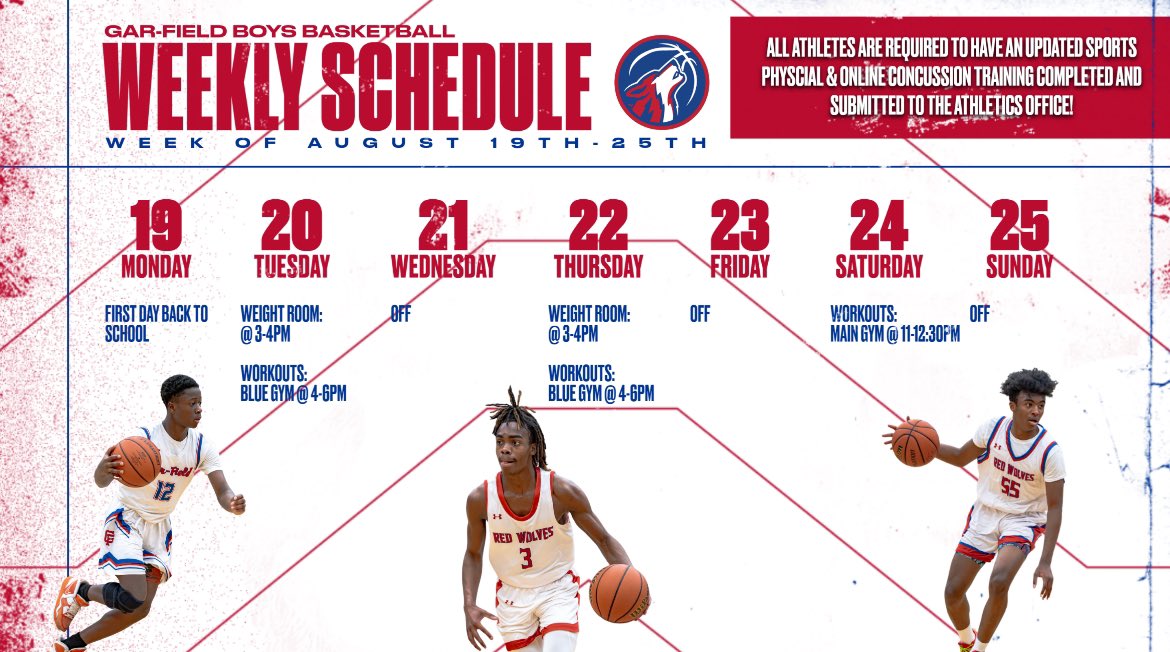 GFHSBoysBball's tweet image. Boys Basketball workout schedule for this week! Lock in for the season now
Hope everyone had a great first day back to school! 
#seasonstartsnow #GFStrong