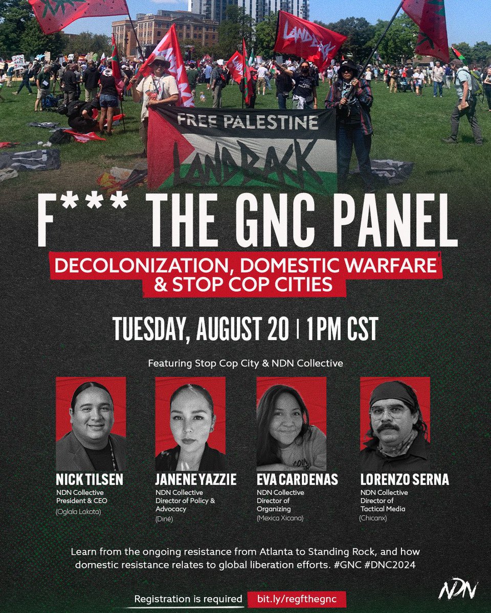 TOMORROW at 1PM CT: Join us for StopCopCities: Domestic Warfare and Decolonization, hosted by <a href="/uchidissenters/">UChicago Dissenters 🌊</a> as part of their F*** The GNC week of events.

Register here: bit.ly/regfthegnc

#StopCopCity #LANDBACK #Chicago