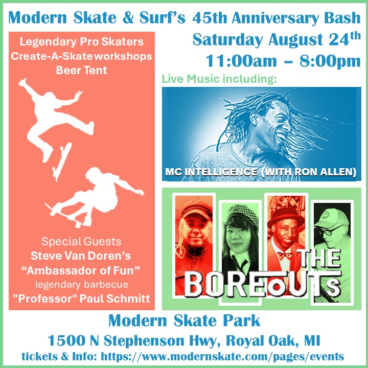 This Saturday, August 24th, Legends, Music, BBQ, and Skateboard Culture: Modern Skate and Surf's (<a href="/ModernSkate/">Modern Skate & Surf</a>) 45th Anniversary Bash! The fun starts at 11am! Come say hi to #TheBoreouts!

Tickets &amp; Info: modernskate.com/pages/events