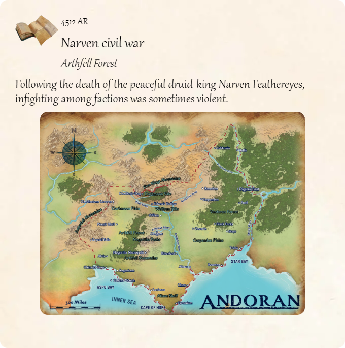 GolarionToday's tweet photo. 4512 AR: Narven civil war
#Narven #ArthfellForest #NarvenFeathereyes #GreenfireCircle #ThirdVeil #ShadowPack #4512AR
https://t.co/d31x82LeG8
Following the death of the peaceful druid-king Narven Feathereyes, infighting among factions was sometimes violent. https://t.co/nBIsKPRJU6