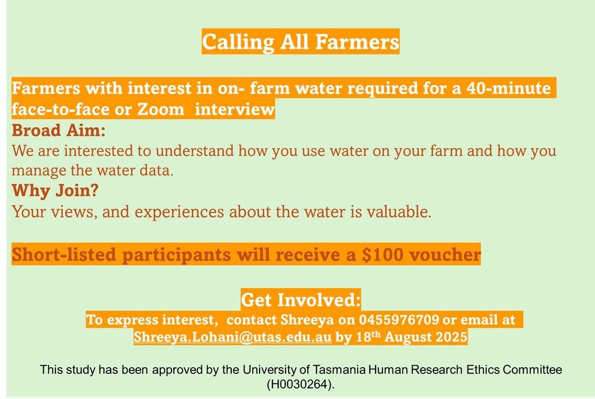 NRM SOUTH (@nrmsouth) on Twitter photo Tasmanian farmers are invited to participate in a research study into how you use water and manage water data on your farm. Participants will remain anonymous. Note that the due date of 18 August has been extended: Tasmanian farmers are invited to participate in a research study into how you use water and manage water data on your farm. Participants will remain anonymous. Note that the due date of 18 August has been extended:
