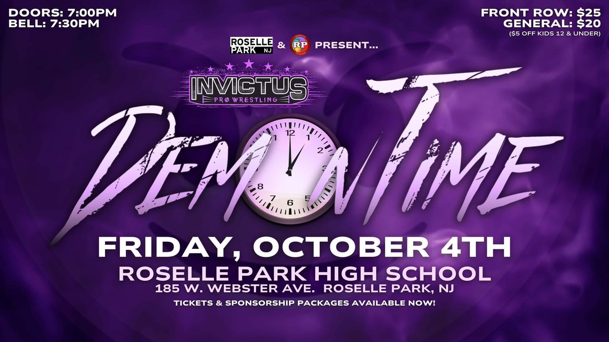 🚨SHOW ANNOUNCMENT🚨
Invictus Pro returns to Roselle Park on Friday 10/4 for DEMON TIME! Start spooky szn off right as we team up with the Roselle Park Diversity and Inclusion Committee for a night of pro wrestling action! Tix on sale NOW!
🎟: eventbrite.com/e/invictus-pro…