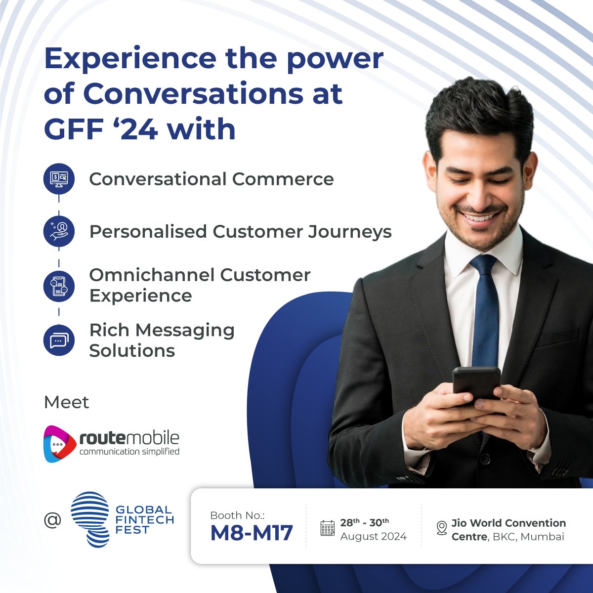 routemobile's tweet image. Your customers expect personalisation. Discover how to deliver hyper-personalised customer experiences at #GlobalFintechFest 2024.

🗓️ 28-30 Aug 2024
🚪 Booth M8-M17
🌍 @JWCCMumbai

#RouteEvent #GFF24 @GffFintechfest #RouteMobile #BFSI #CX