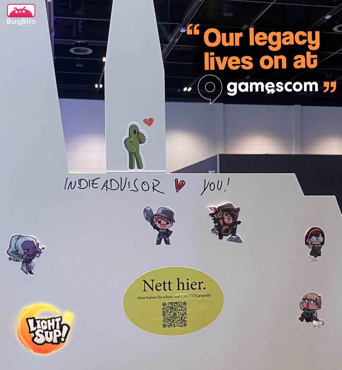 bugblio's tweet photo. "Our legacy lives on at Gamescom! A huge thank you to our neighboring studio, FairPlay Studios
Wanna try our demo?
Type "LightSup" on Steam @lightsup_game
You will find our latest demo 

#Gamescom2024  #Throwback #lightsup
#bugbliostudio https://t.co/R1LvU78gV0