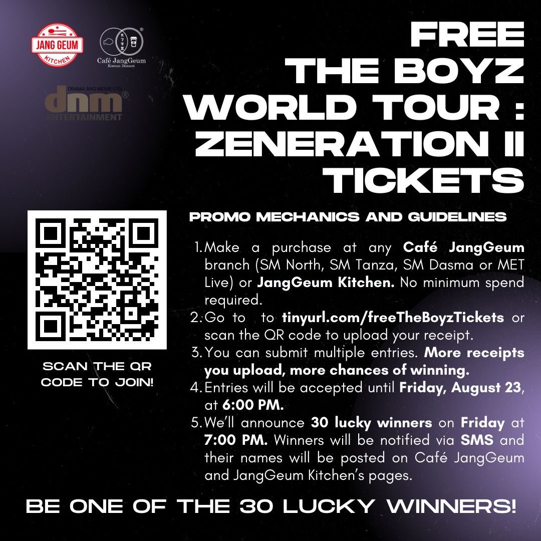 📣 Attention, The Bs! We've got an amazing surprise for you! 📣

Here's your chance to be one of the lucky 30 winners of tickets to The Boyz concert on August 25, 2024, at the MOA Arena ❤️

This exciting event is brought to you in partnership with DNM Entertainment. Thank you 🤩