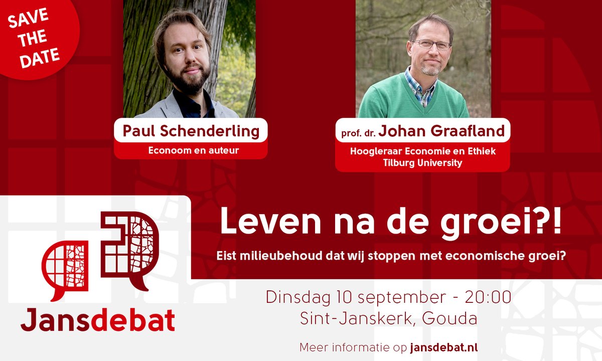 📅 SAVE THE DATE!
Op 10 september gaan <a href="/pjschenderling/">Paul Schenderling</a> en Johan Graafland in debat over de vraag of milieubehoud vereist dat economische groei stopt.

📝Meer informatie en aanmelden via: Jansdebat.nl