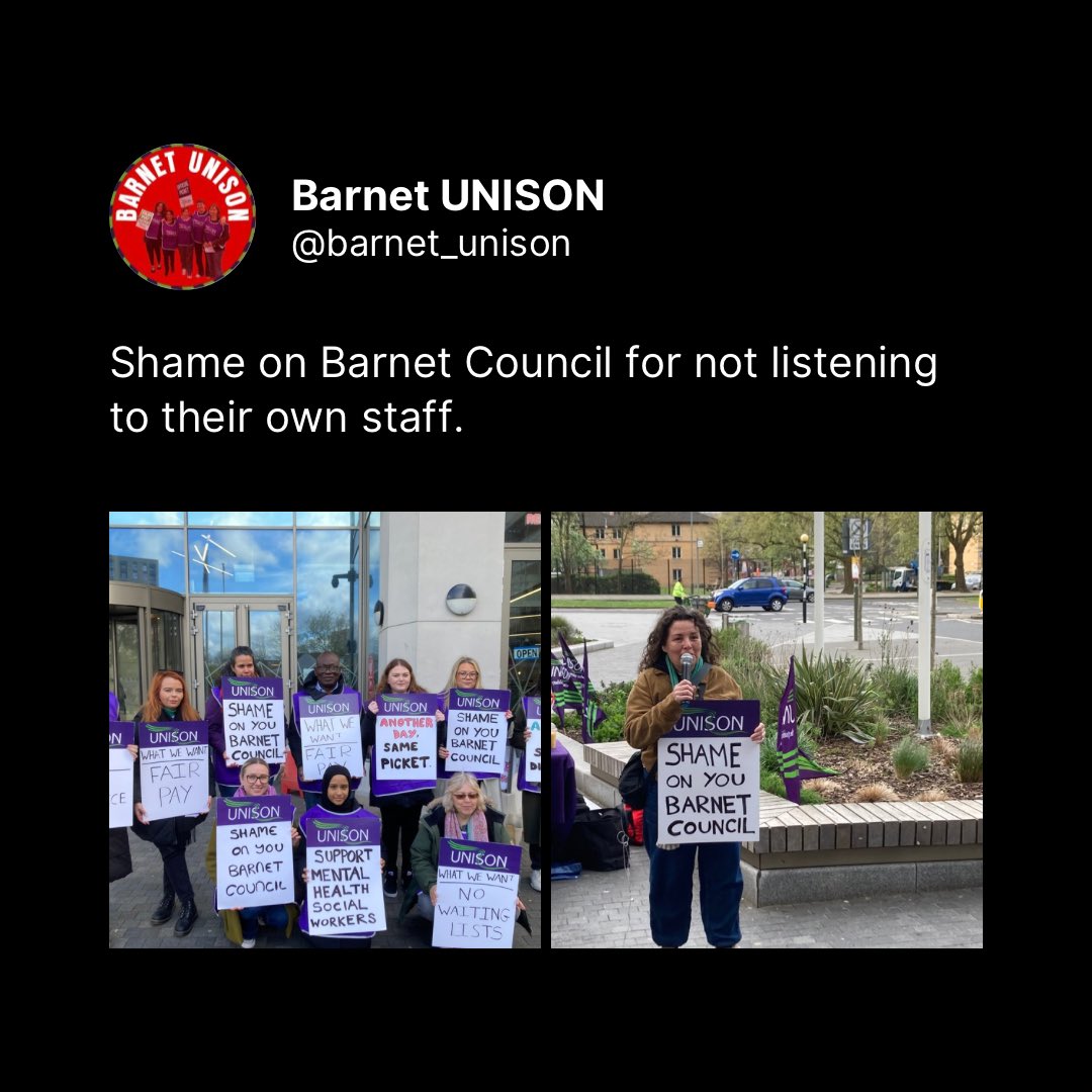 Support #BarnetUNISON mental health social worker strikers 

355 days since the dispute first began……

81 days of strike action ✊

#StopStrikeBreaking

<a href="/unisontheunion/">UNISON - UK's largest union</a> @UNISONSteve <a href="/UNISONLibby/">Nolanlibby@aol.com</a> <a href="/lynmarieohara/">Lyn-Marie O'Hara</a> <a href="/mfish_9/">Mark Fisher</a> <a href="/CommunityCare/">Community Care</a> <a href="/mithransamuel/">Mithran Samuel</a> <a href="/CareQualityComm/">Care Quality Commission</a>
