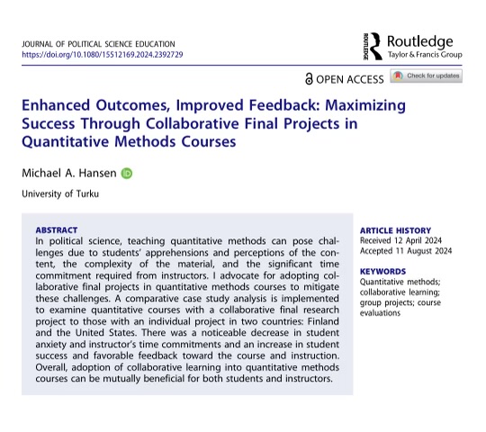 Study on using collaborative final projects in quantitative methods courses. It could be helpful for early-career scholars assigned to teach methods, especially those concerned about lower teaching evaluations for quantitative subjects. doi.org/10.1080/155121…