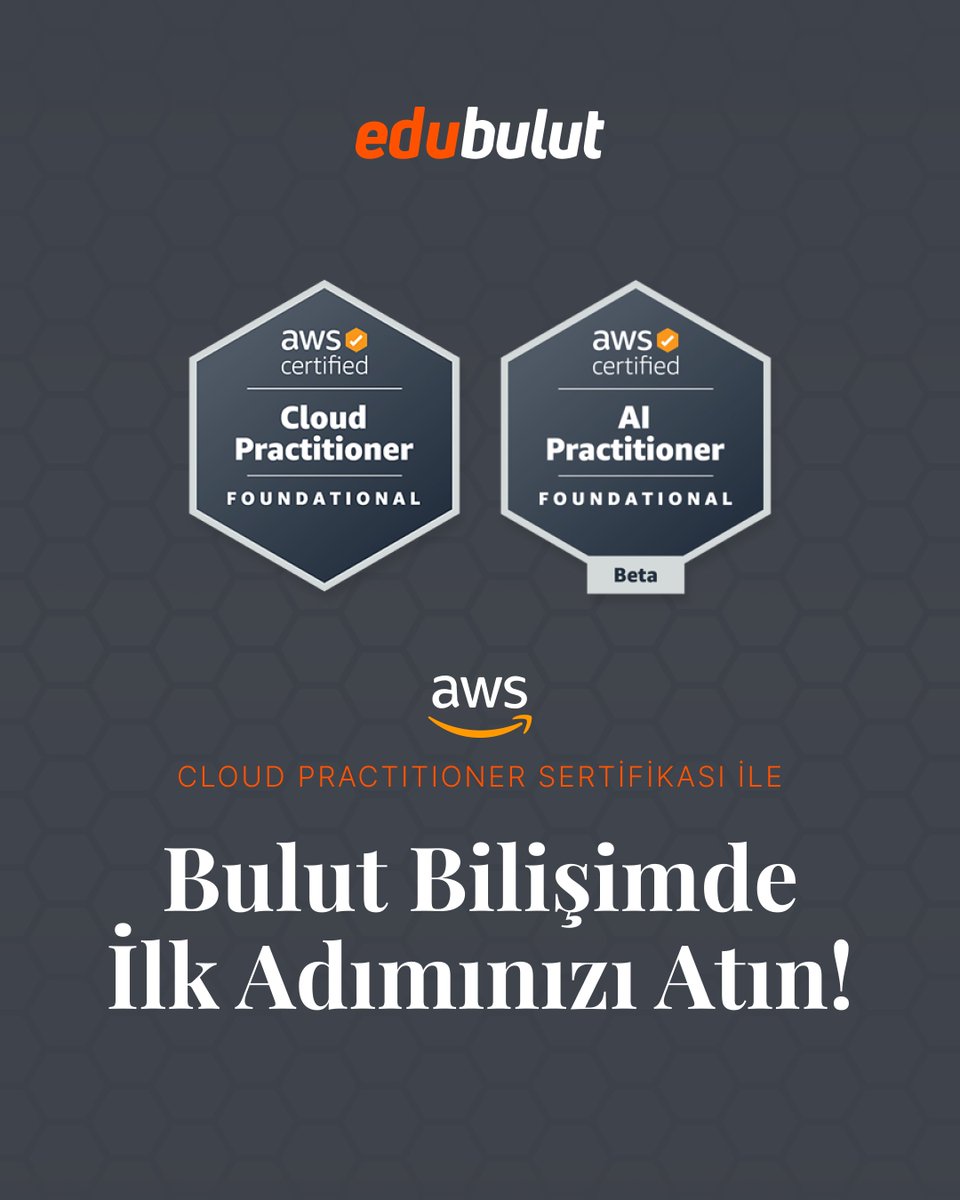 AWS’nin temel kavramlarını ve hizmetlerini öğrenmek mi istiyorsunuz? AWS Cloud Practitioner Sertifikası tam size göre! 🎓

Bu sertifika; AWS’e yeni başlayanlar, BT uzmanları, proje yöneticileri ve satış temsilcileri için ideal. 🚀

👉Daha fazla bilgi için: edubulut.com
