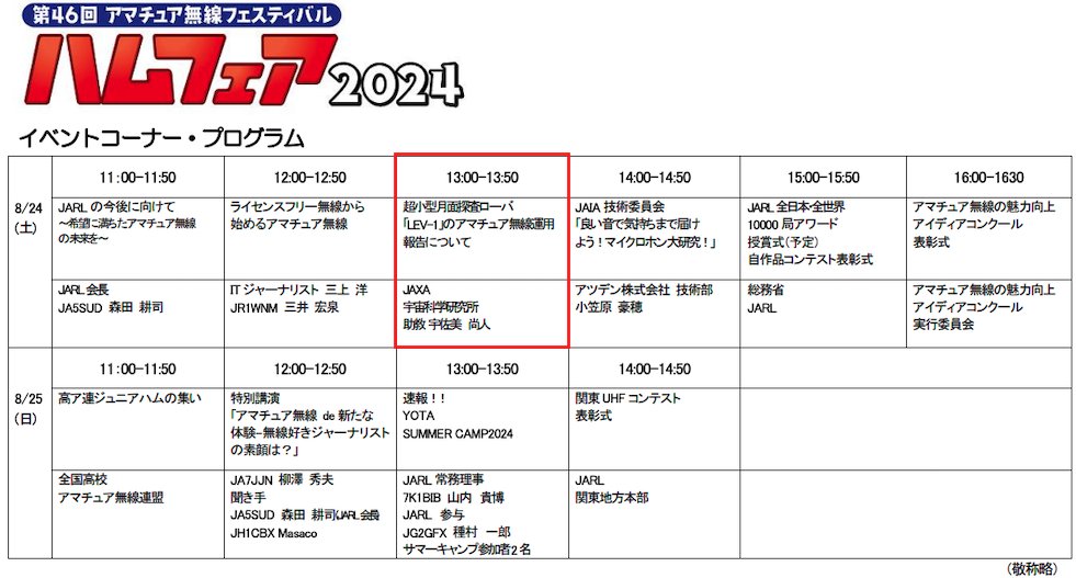 今週末8/24-25に開催されるハムフェア2024@有明GYM-EXにて，LEV1ミッション関連の展示を行います

場所はメインゲート潜ってすぐの【A-10】

8/24にはLEV1通信システムの開発担当による講演もありますので，是非ご来場ください〜
#ハムフェア #LEV1