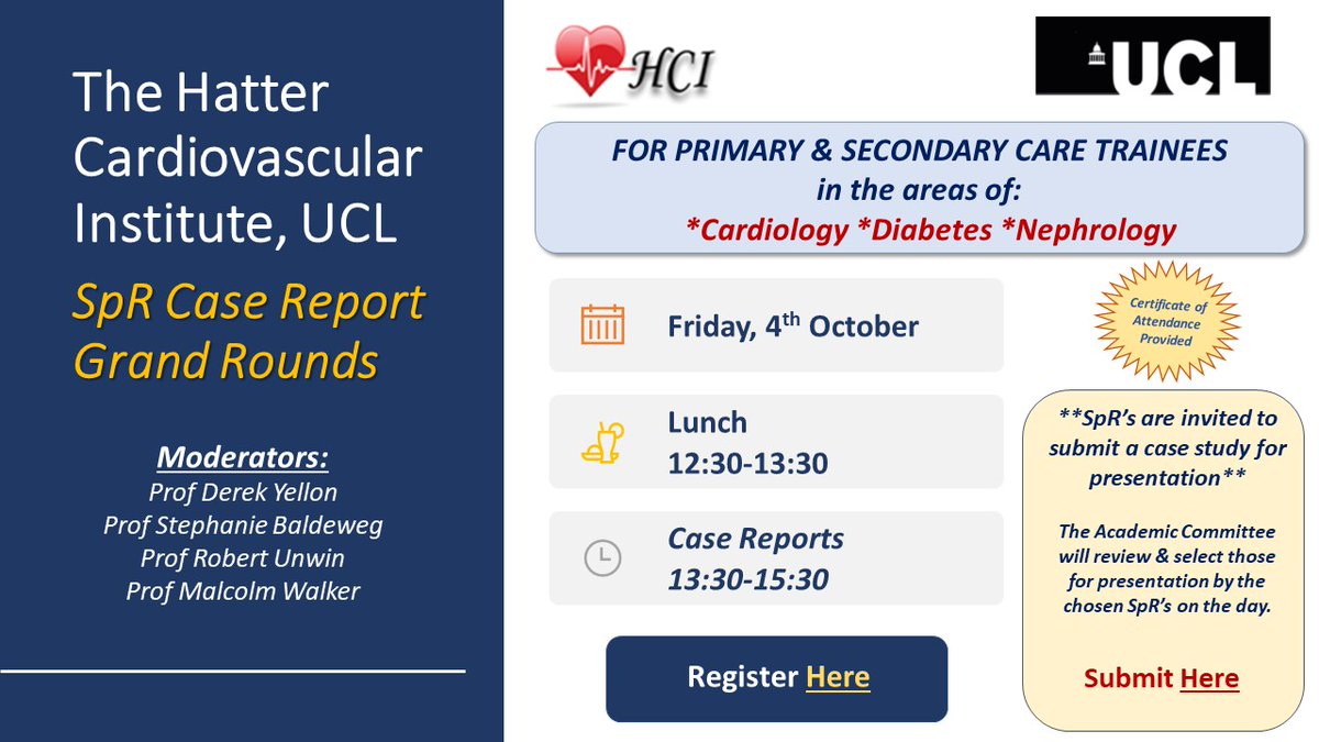 *CV,Renal &amp; Diabetes SpR's*

Join us for an engaging and multidisciplinary mtg to discuss cases spanning all 3 specialities!

Oct 4th | 12:30-15:30
Lunch provided

Register: lnkd.in/eJvyNUgb

submit case study: lnkd.in/eE4_dtfY