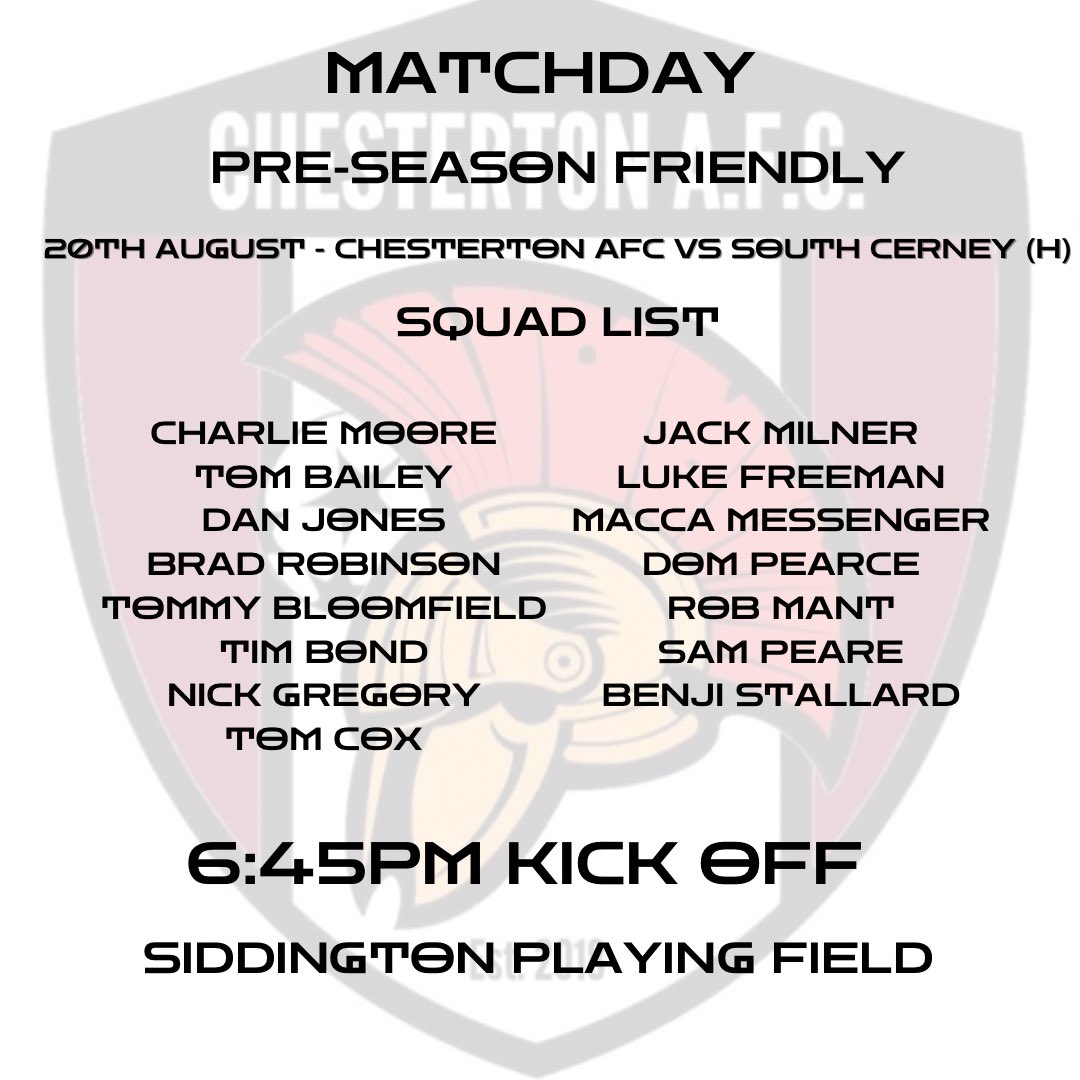 One last run out before the season officially begins on Saturday.
We host South Cerney in what should be an action packed 90 mins between two local teams. UTC

#chestertonafc #chezzie #utc #football