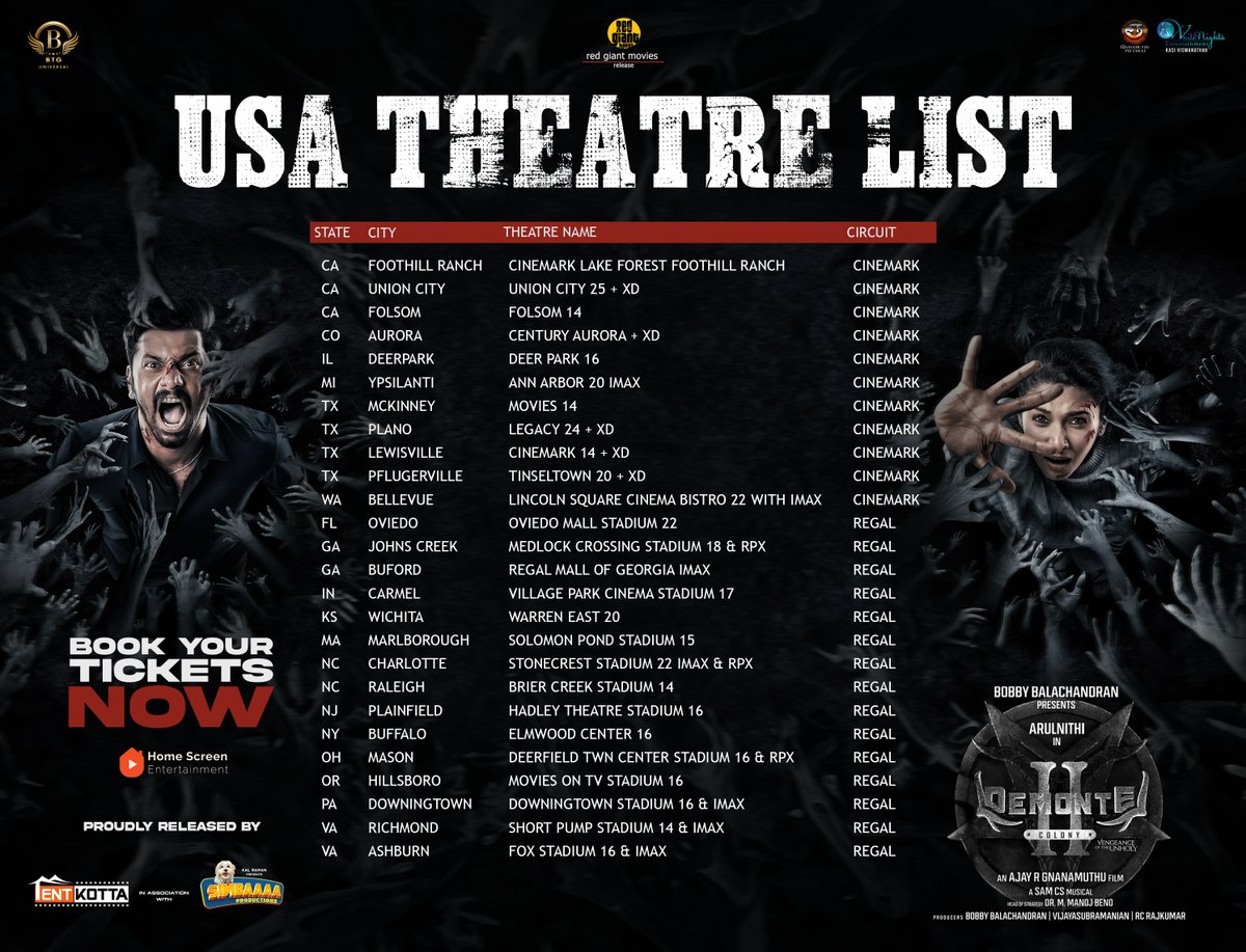 Tentkotta's tweet photo. The UNSTOPPABLE BLOCKBUSTER #DemonteColony2 is now in USA theatres near you!🇺🇸 🎬🔥 Don’t miss the thrill!

#DarknessWillRule #DC2RunningSuccessfully
@BTGUniversal @RedGiantMovies_ @arulnithitamil
@bbobby @ManojBeno @AjayGnanamuthu
@priya_Bshankar @ActorMuthukumar
@SamCSmusic @proyuvraaj @thinkmusicindia