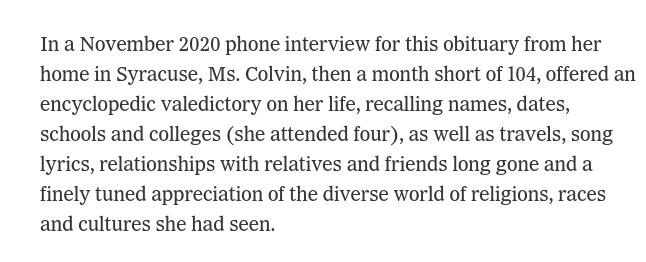 pretty dope to be almost 104 years old and tell your entire life story in an interview for your own NYT obit  -- and then live for another 4 years nytimes.com/2024/08/19/us/…