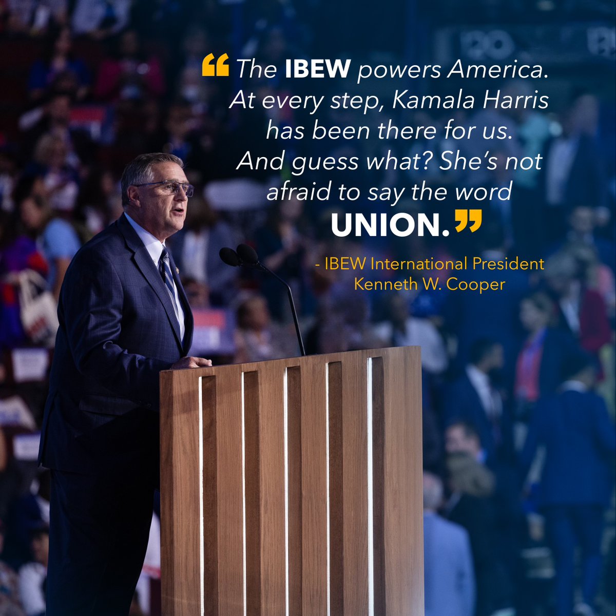 IBEW (@ibew) on Twitter photo "The IBEW powers America. At every step, <a href="/KamalaHarris/">Kamala Harris</a> has been there for us. And guess what? She's no afraid to say the word union." #IBEW Pres. Kenny Cooper. #DNC2024 "The IBEW powers America. At every step, <a href="/KamalaHarris/">Kamala Harris</a> has been there for us. And guess what? She's no afraid to say the word union." #IBEW Pres. Kenny Cooper. #DNC2024