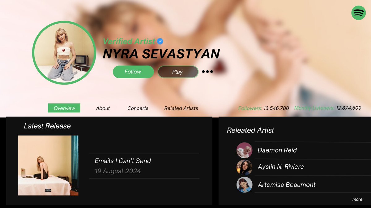 🎧🎶 © #iSpotifyRP
(+) 𝗡𝘆𝗿𝗮 𝗦𝗲𝘃𝗮𝘀𝘁𝘆𝗮𝗻 (<a href="/luxenscripts/">moved to @luxenote 💌</a>)
𝗣𝗿𝗼𝗳𝗶𝗹𝗲 𝗨𝗽𝗱𝗮𝘁𝗲 › #iEmailsICantSendRP

Nyra Sevastyan's Profile has been updated with with her most recent album: "𝗘𝗺𝗮𝗶𝗹𝘀 𝗜 𝗖𝗮𝗻'𝘁 𝗦𝗲𝗻𝗱" © 𝟮𝟬𝟮𝟰, #IslandRecordsRP