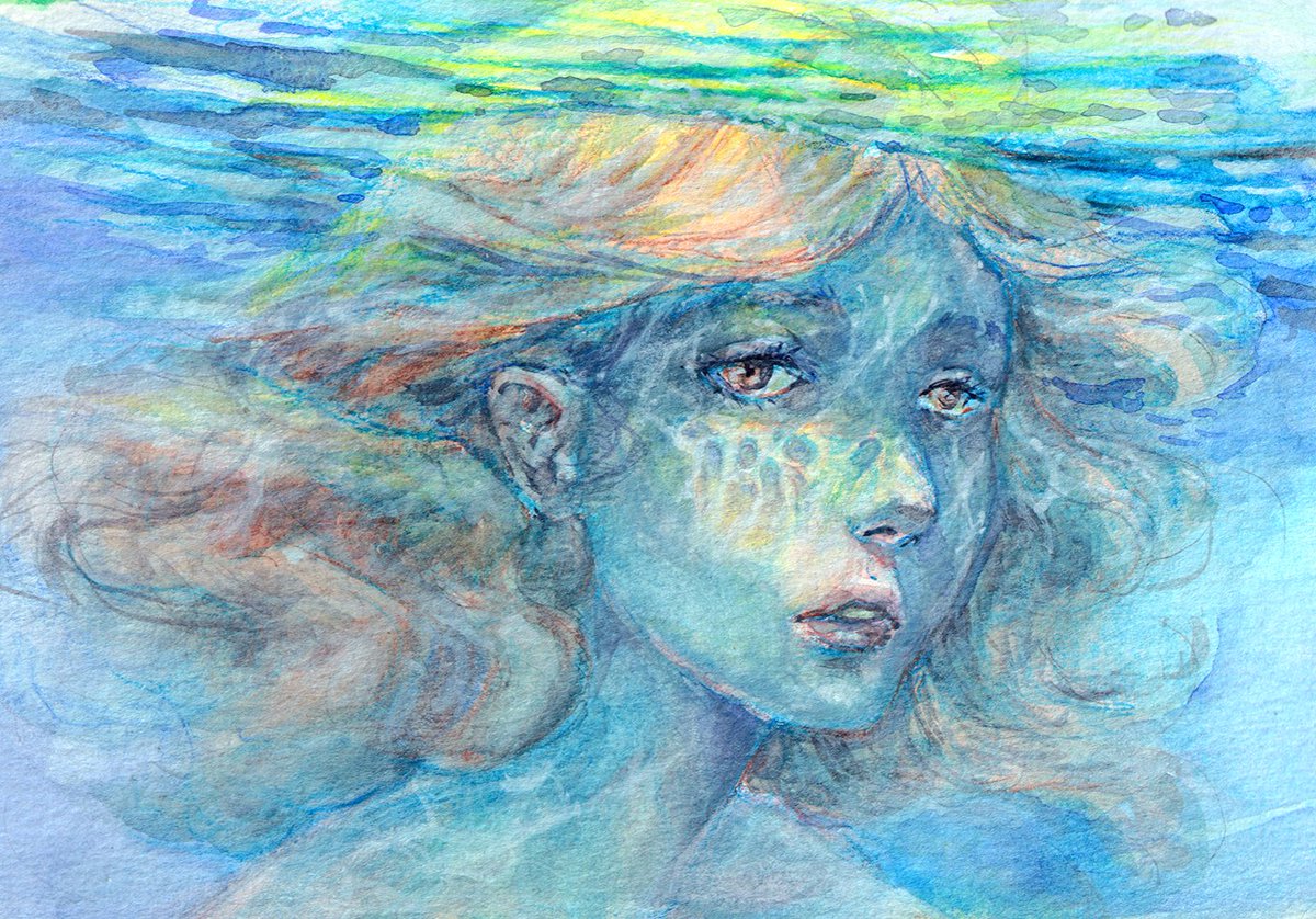 I got an A4 #Canson watercolour sketchbook and these were the first things i painted.
First one i copied off a reference. She came out more anime than a real person though. Size is 5x5.
Second one was drawn from imagination. Size is 8.3x4.5. 

#watercolours #underwater