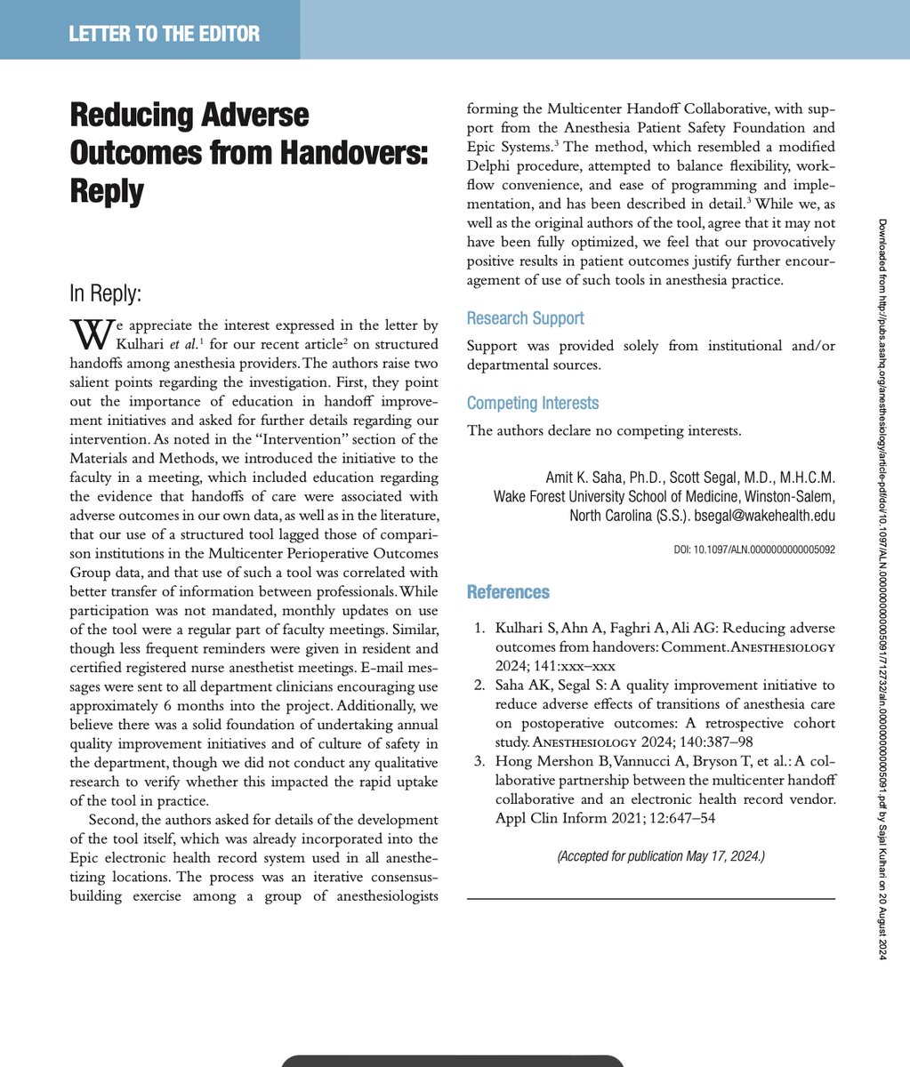 Sajal Kulhari (@sajalkulhari) on Twitter photo Grateful for <a href="/_Anesthesiology/">Anesthesiology</a> for sharing our recent Letter to the Editor about outcomes of standardized handoff:
pubs.asahq.org/anesthesiology… Grateful for <a href="/_Anesthesiology/">Anesthesiology</a> for sharing our recent Letter to the Editor about outcomes of standardized handoff:
pubs.asahq.org/anesthesiology…