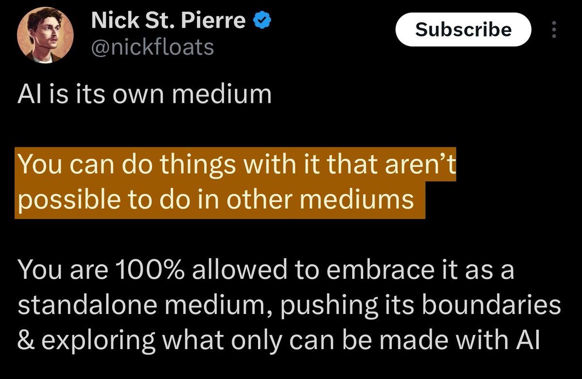 This isn't remotely true. The only people who believe this are AI prompt pushers who don't know anything about art and can't be bothered to learn. Anything "artistic" AI does is entirely possible with other methods—this is a time, skill, or funding issue, not a technical one.
