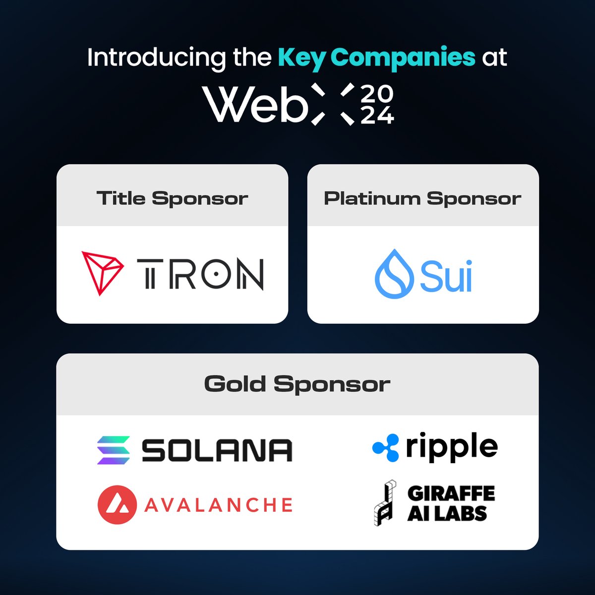 rogin_ai's tweet photo. 'Key Companies' at #WebX2024
#GoldSponsor #Solana #Ripple #Avalanche #GiraffeAILabs #ROG #RuleOfGod #rogup #Live #Event