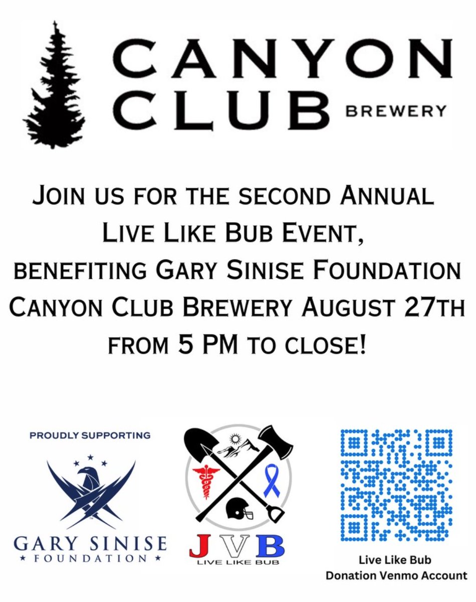 The JV ‘Bubby’ Baldwin Foundation honors John-Vincent Baldwin by supporting causes he cared about. This year, it benefits the Gary Sinise Foundation. Join us <a href="/BreweryClub/">Canyon Club Brewery</a> for the 2nd annual Live Like Bub Event on August 27~