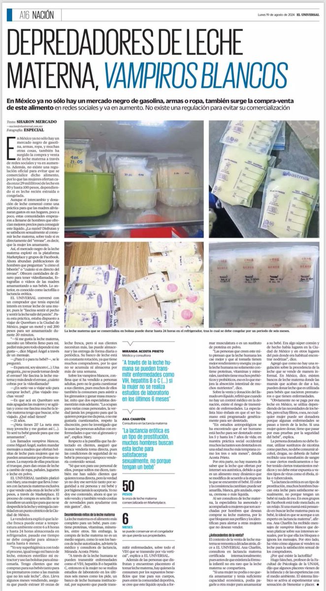 cozybebe's tweet photo. Es peligroso comprar y vender leche materna en internet. Del Universal me entrevistaron, junto con otras personas, para hablar del tema. Lee el artículo en la imagen o en el link #lactanciamaterna

https://t.co/2ydSXm0LtF https://t.co/mbufM4wKeK