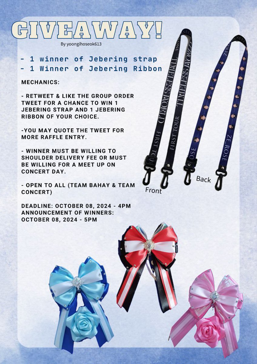 yoongihoseok613's tweet photo. 🌹GIVEAWAY!
Zerobaseone timeless first tour PH

🌹 1 winner of jebering strap
🌹 1 winner of jebering ribbon

Mech:
- RT &amp; LIKE the pinned group order post

Ends on: october 8 ( 4pm)
#ZEROBASEONETHEFIRSTTOUR #ZEROBASEONE #ZB1 

HELP RT https://t.co/un76kbB0Zg