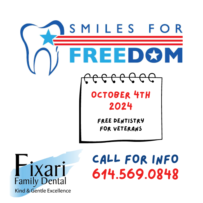 Fixari_Dental's tweet photo. We are hosting a FREE Dental Day again this year on Friday October 4th for Veterans.  Learn more about Smiles for Freedom
https://t.co/sHeu9ZCFJI
Call 614.569.0848 if you need more information.  Please share this post! https://t.co/DJgB83QjVQ