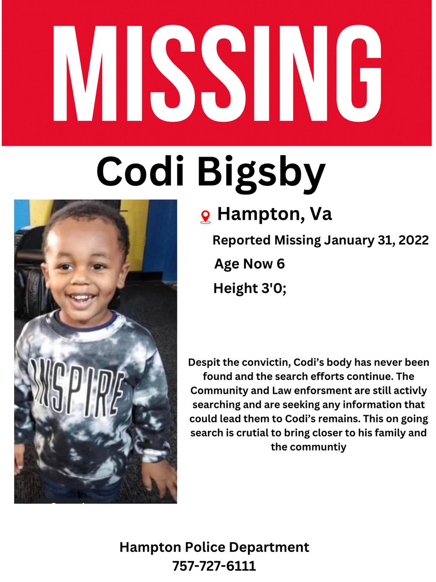 This is the New Missing flyer that I created for #Codibigsby please share <a href="/WAVY_News/">WAVY TV 10</a> <a href="/ArcticfoxTrue/">ArcticFox True Crime</a> <a href="/VinniePolitan/">Vinnie Politan</a> <a href="/WTKR3/">WTKR News 3</a> <a href="/FoxNews/">Fox News</a> <a href="/virginianpilot/">The Virginian-Pilot</a> <a href="/13NewsNow/">13News Now</a> <a href="/cityofhampton/">City of Hampton</a> @Dutch4Missing <a href="/crime_unlimited/">True Crime Unlimited</a> <a href="/jlsegarra/">Jennifer S.</a>