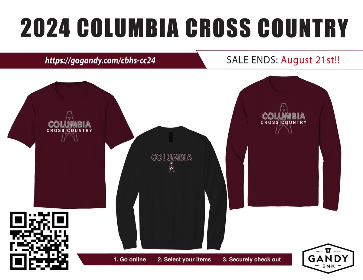 Your Columbia HS Cross Country team is selling shirts and a crew neck sweatshirt(that goes with any sports team)! All orders are due by this Wednesday, August 21st. Any support is greatly appreciated! 

Link to purchase: 
gogandy.com/cbhs-cc24