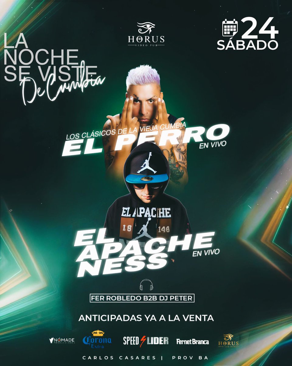 🫡HORUS se viste de cumbia este sábado!!! 
📌Llega “el perro” recordando todos sus clásicos y el gran éxito de “Te escapas de mis brazos” ..🔥🔥
📌Y el show en vivo de “El Apache Ness” para no dejar de bailar! Te los vas a perder? 🎉Dos shows, dos DJs.
DJ PETER Y DJ FER ROBLEDO.