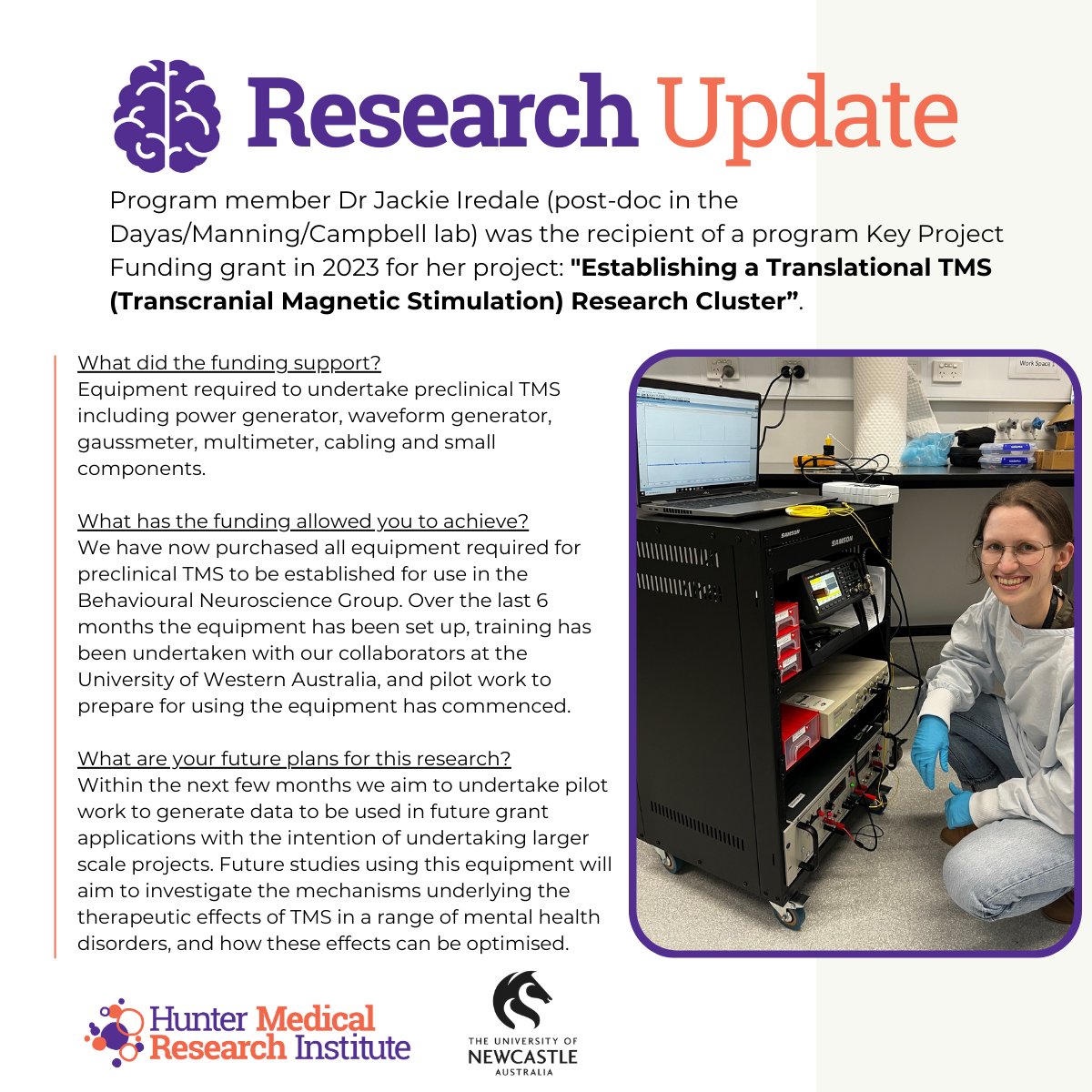 HMRI Brain Neuromodulation Research Program (@newybrains) on Twitter photo RESEARCH UPDATE! Check out what program member Dr <a href="/IredaleJackie/">Jackie Iredale</a> who was supported by program funding is currently up to #research #science #researchers #neuroscience #behaviouralneuroscience #TMS
@hmriaustralia <a href="/UON_research/">Uni Newcastle Research</a> <a href="/neuronewy/">Chris Dayas</a> <a href="/DrLizzieManning/">Lizzie Manning</a> <a href="/erin_j_campbell/">Erin Campbell</a> RESEARCH UPDATE! Check out what program member Dr <a href="/IredaleJackie/">Jackie Iredale</a> who was supported by program funding is currently up to #research #science #researchers #neuroscience #behaviouralneuroscience #TMS
@hmriaustralia <a href="/UON_research/">Uni Newcastle Research</a> <a href="/neuronewy/">Chris Dayas</a> <a href="/DrLizzieManning/">Lizzie Manning</a> <a href="/erin_j_campbell/">Erin Campbell</a>