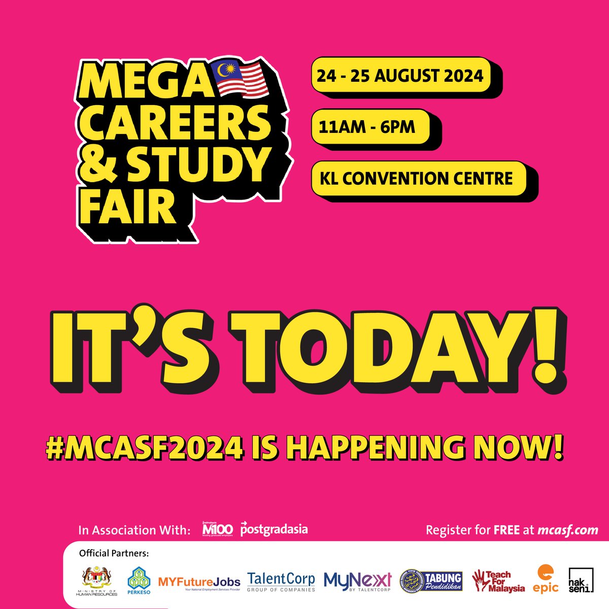 gradmalaysiaMY's tweet image. If you're not at the Mega Careers &amp;amp; Study Fair (#MCASF) yet, pack your resume and head over to #KLCC now! Meet our exhibitors with thousands of jobs, internships and postgraduate courses, plus many fun activities too, so come on over!

Pre-register at mcasf.com now!