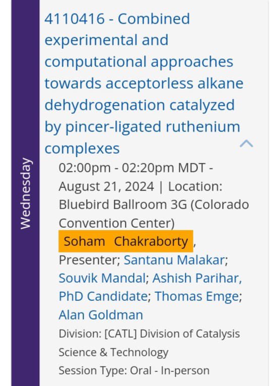 Goldman Group (@goldman_group) on Twitter photo Congratulations to <a href="/Goldman_Group/">Goldman Group</a> member <a href="/SohamC1997/">Soham Chakraborty</a> for receiving the ACS CATL-CHEMCATBIO Graduate Student Travel Award <a href="/ACSCATLDivision/">ACS CATL Division</a> . Also, do check out <a href="/SohamC1997/">Soham Chakraborty</a> giving a talk at #ACSFall2024 in Bluebird Ballroom 3G (details attached) Congratulations to <a href="/Goldman_Group/">Goldman Group</a> member <a href="/SohamC1997/">Soham Chakraborty</a> for receiving the ACS CATL-CHEMCATBIO Graduate Student Travel Award <a href="/ACSCATLDivision/">ACS CATL Division</a> . Also, do check out <a href="/SohamC1997/">Soham Chakraborty</a> giving a talk at #ACSFall2024 in Bluebird Ballroom 3G (details attached)