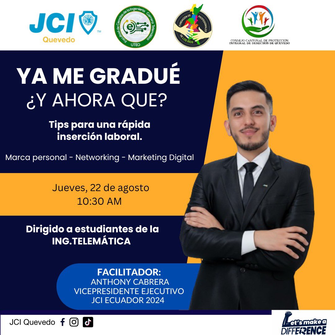 JCIQuevedo's tweet photo. 🔹 JCI Quevedo, ASO.TELEMÁTICA, Fundación Profesionales Voluntarios de Los Ríos, y el Consejo Cantonal de Protección Integral de Derechos de Quevedo te invitan a la capacitación:

🎓 ”YA ME GRADUÉ, ¿Y AHORA QUÉ?”🎓
Escríbenos para más información !! 
#Quevedo https://t.co/hiqalDz0ij