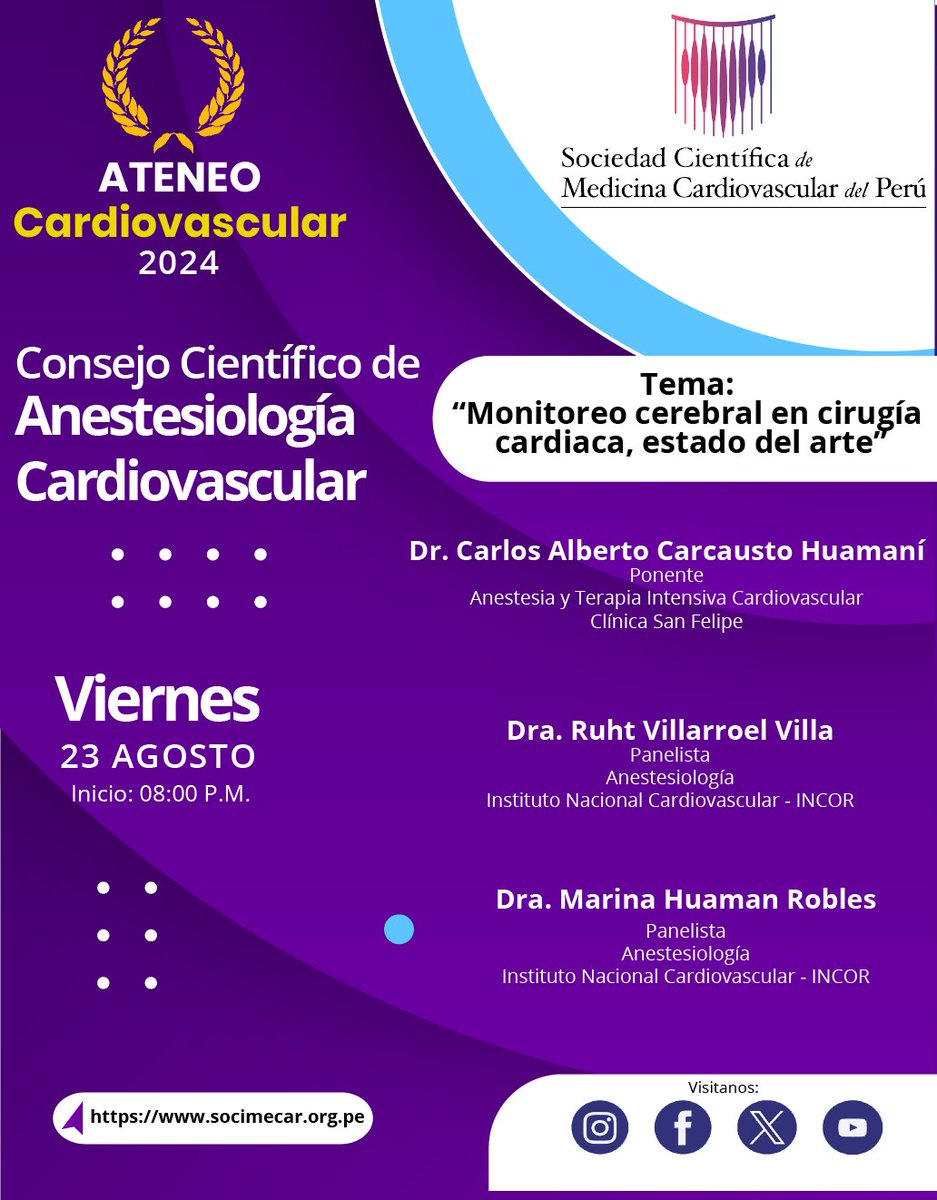 Presentamos nuestro siguiente webinar:
"Monitoreo cerebral en cirugía cardiaca, estado del arte".
🗓️Fecha: Viernes 23 de agosto del 2024
🕗Hora: 08:00 pm.
📍Modalidad: Virtual
La transmisión se realizará en nuestros canales de Youtube y Facebook.
¡Los esperamos!