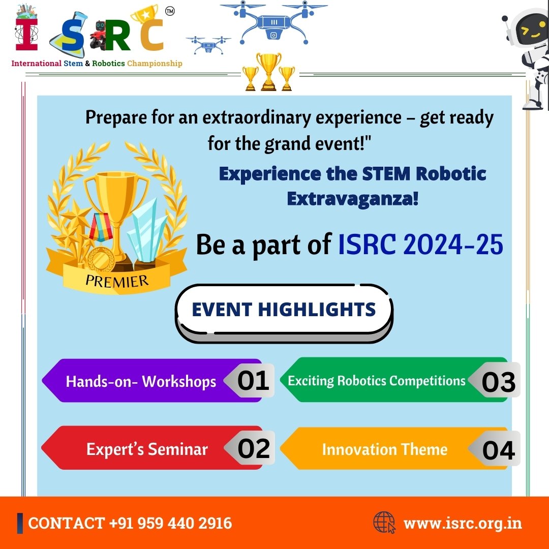 isrc_org_in's tweet photo. Are You Ready? ๐ The grand event is just around the corner! Join us at ISRC 2024-25 for hands-on workshops, thrilling robotics battles, and a showcase of the latest tech. ๐
#DoubleKay #STEMChampionship #RoboticsEvent #ISRC2025 https://t.co/jnqMpOs7Cp