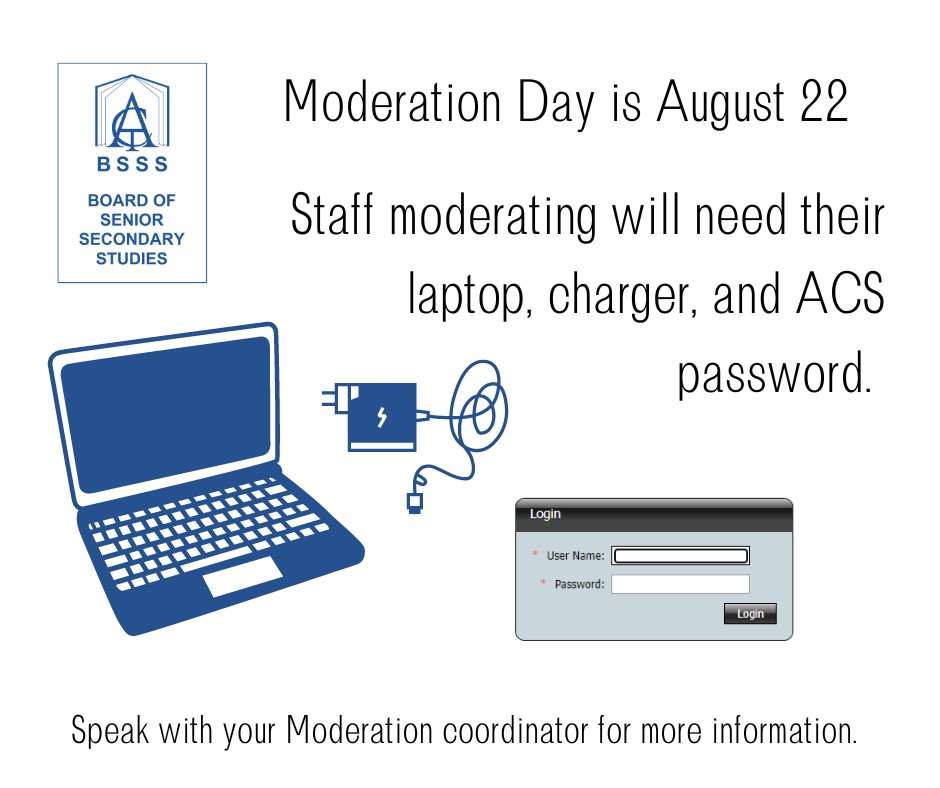 ACT_BSSS's tweet image. Moderation Day is coming up this week on August 22, and with it a move to the majority of moderation functions being accessed through ACS. It is important that all staff bring a device on the day. 

Staff can access more information here: bsss.act.edu.au/information_fo…