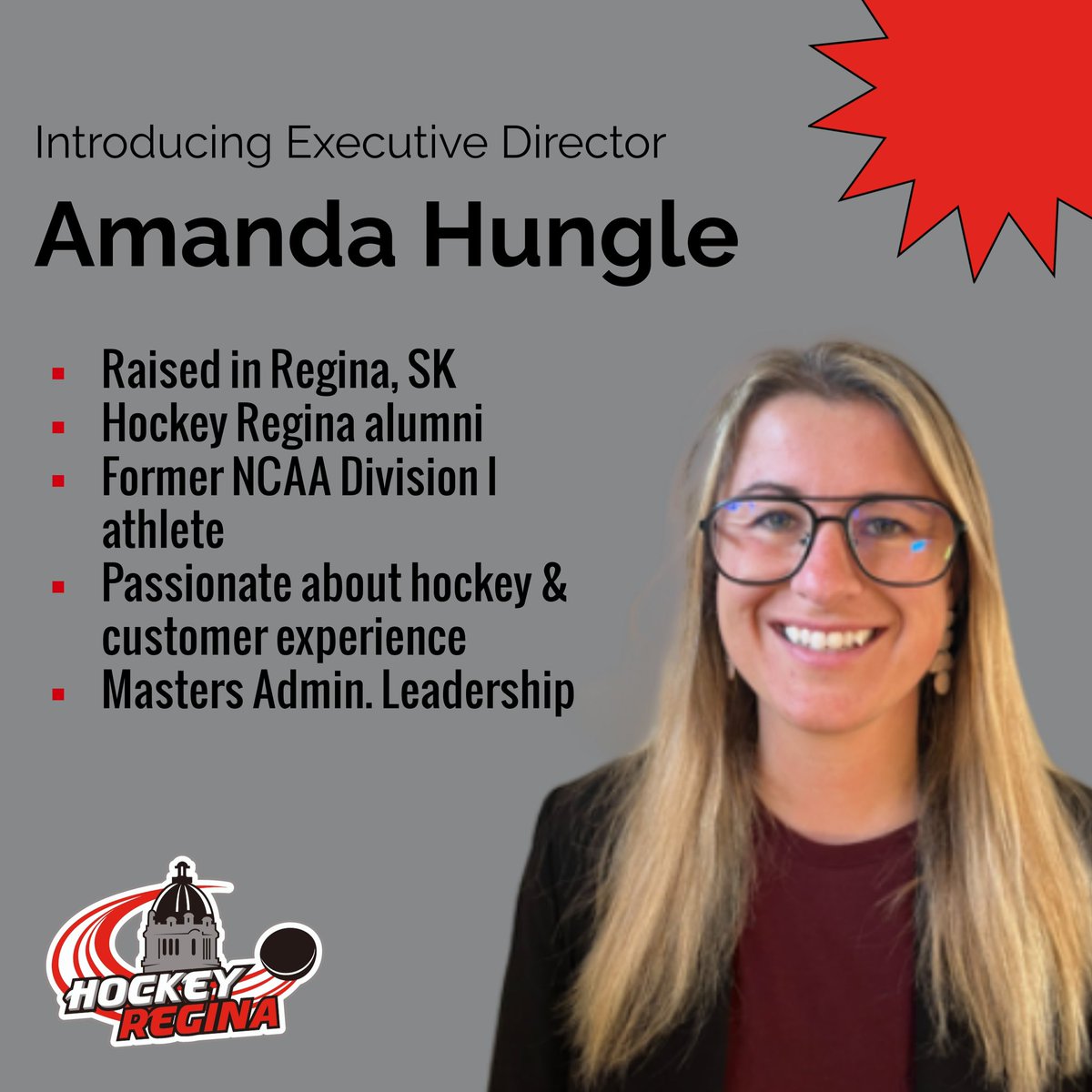 Hockey Regina would like to introduce our newest team member, Executive Director Amanda Hungle. Hungle joined the organization July 15th. We are excited to see where she leads our hockey community in the future and how we transform hockey experiences in our community.