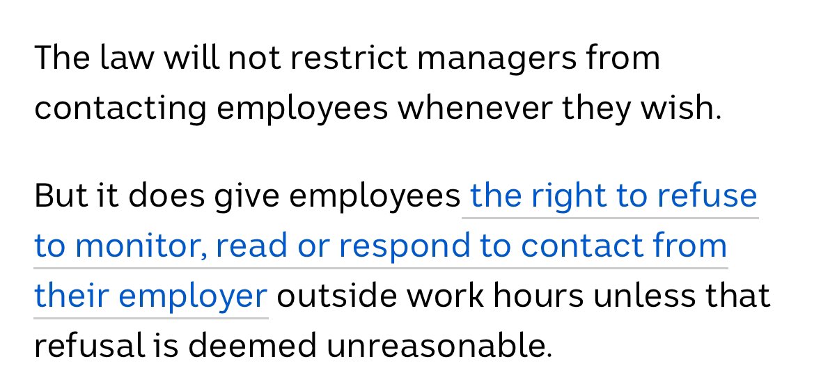 drbecs's tweet image. Captures one key issue w #RightToDisconnect legislation; onus is on the worker to reject a contact if ‘unreasonable’, rather than PCBU assessing first if it’s REALLY necessary to make contact. Unreasonable delegation of cognitive demand (decision-making); ⬆️ #psychosocial risk.
