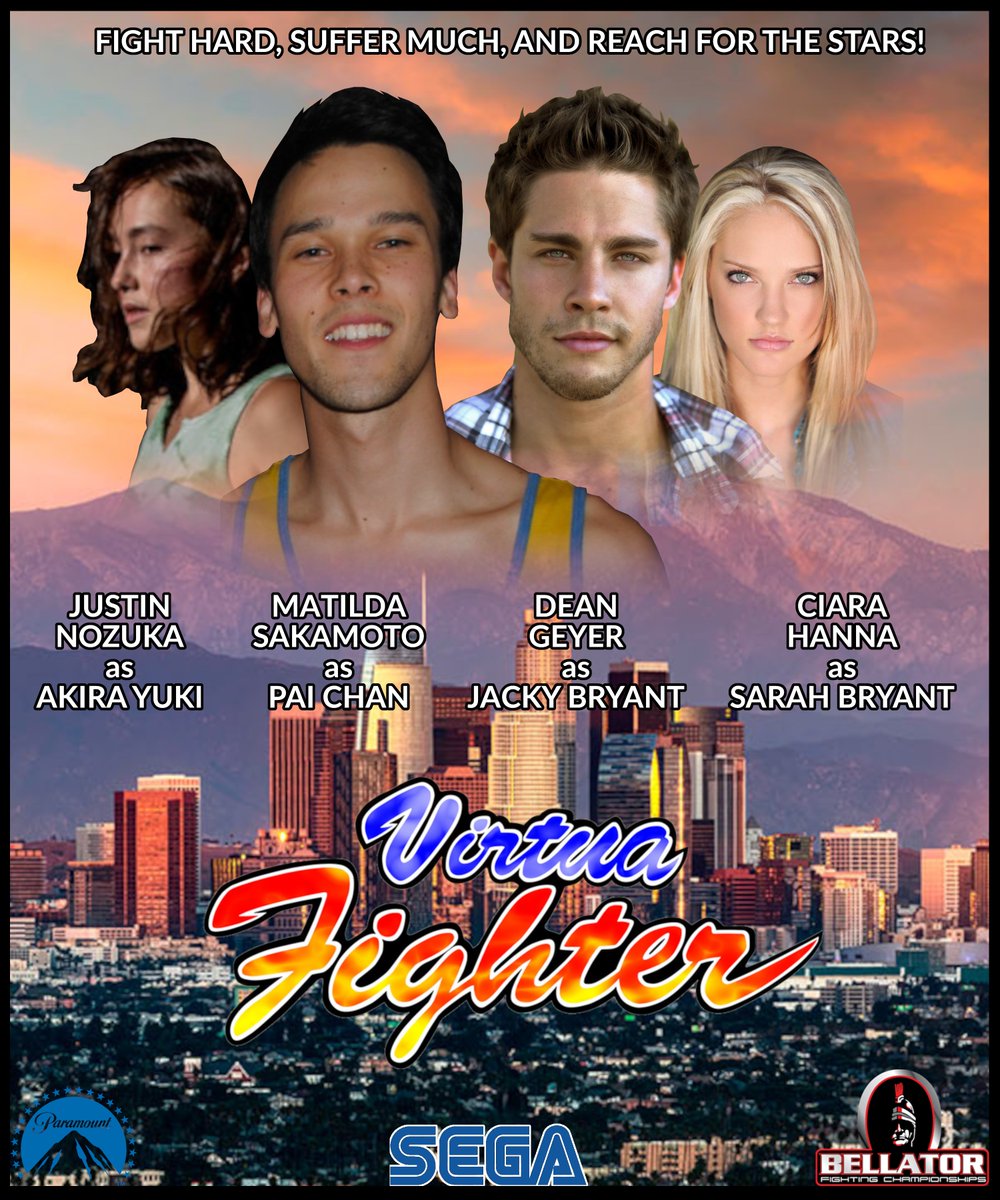 redhawk890716's tweet photo. My first fan-made movie poster for Virtua Fighter. Justin Nozuka @justinnozuka as Akira, Matilda Sakamoto as Pai, Dean Geyer @geyerdean as Jacky, and Ciara Hanna @ciarahanna_20 as Sarah. "Fight hard, suffer much, and reach for the stars!" #Sega #LiveActionMovie #FightingGame https://t.co/crJIvkAoUV