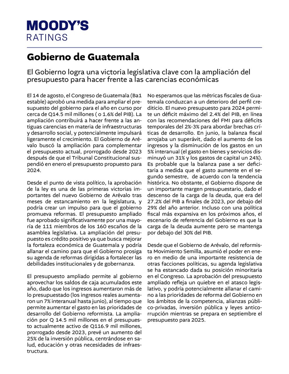 #LHEnBreve |  Moody´s Ratings calificó como positiva la reciente aprobación de la ampliación presupuestaria de Guatemala, destacando su importancia en el ámbito crediticio y el fortalecimiento económico de Guatemala.

📷:Minfin
✍🏻:Yesica Peña/LH
