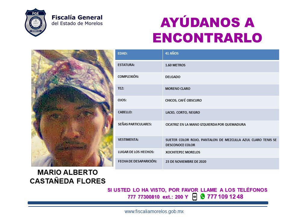 Se solicita su colaboración para localizar a MARIO ALBERTO CASTAÑEDA FLORES de 41  años de edad.